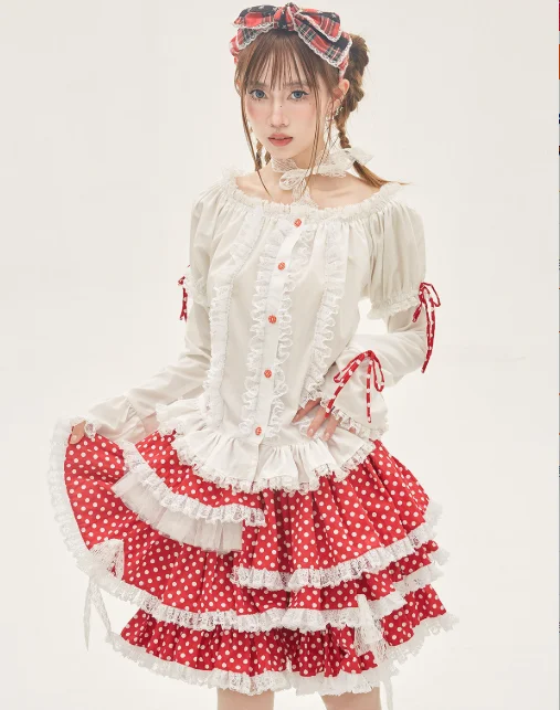 Vintage Bow Cute White Sweet Girl Lolita Short Sleeve Shirt Fashion Elastic Waist Age Reducing Lace Red Irregular Cake Skirt