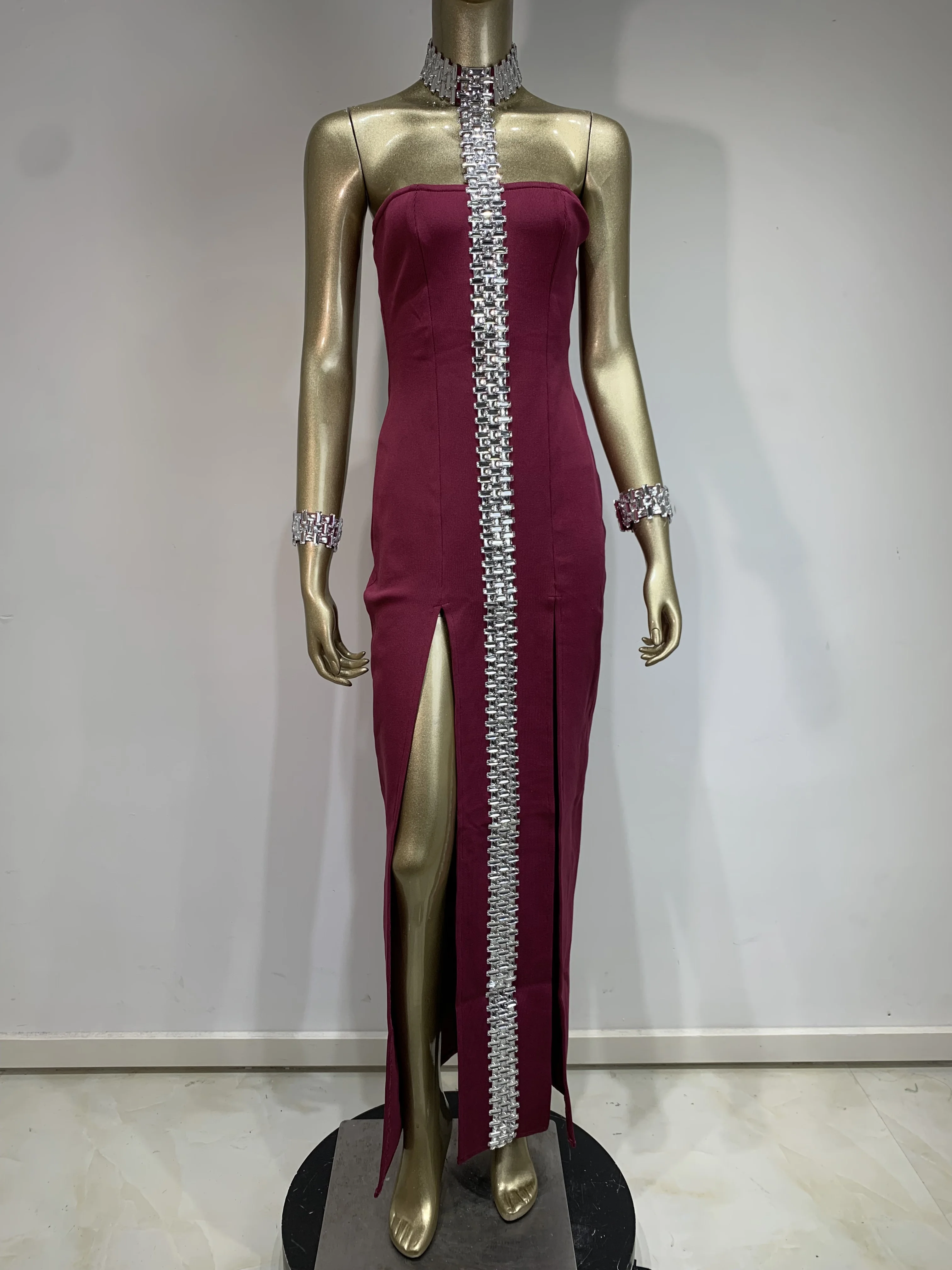 Women Celebrity Luxury Sexy Diamonds Purple Black Maxi Long Bodycon Bandage Dress 2024 Elegant Evening Club Party Dress