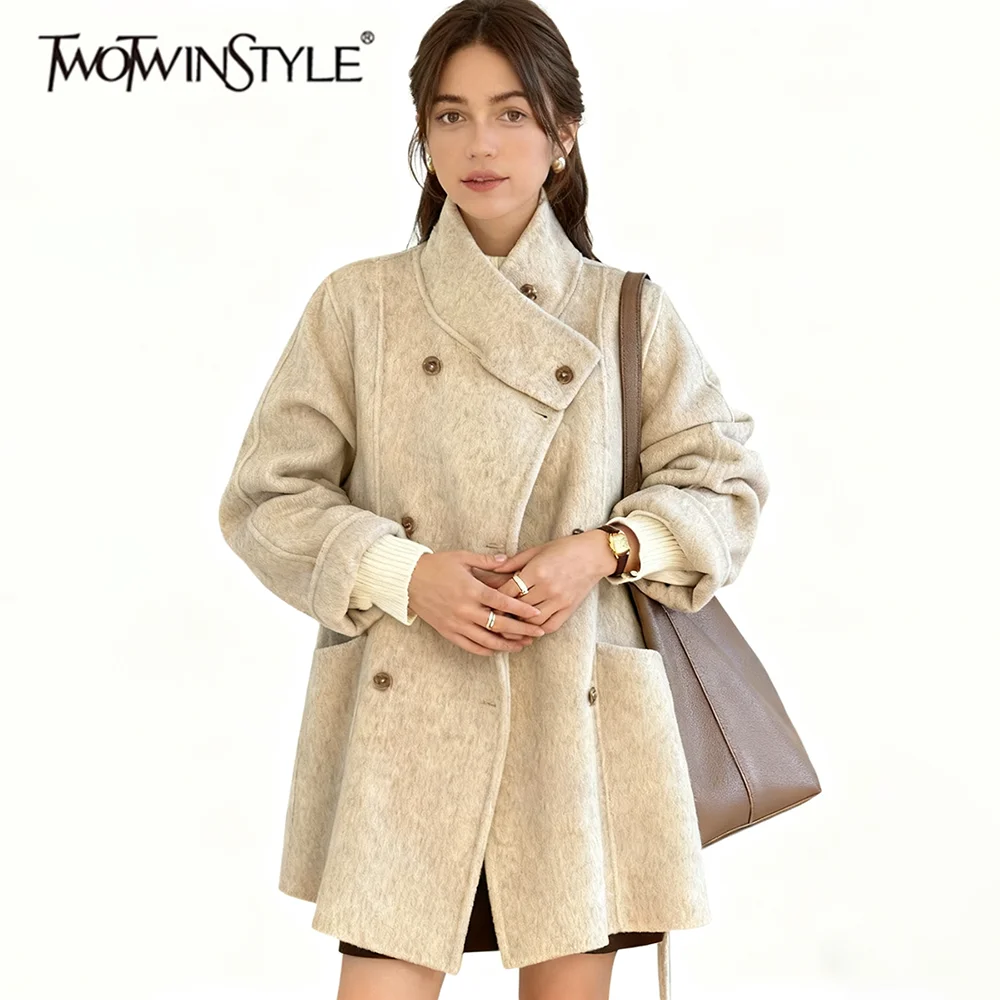 

TWOTWINSTYLE Solid Loose Spliced Double Breasted Basics Coats for Women Stand Neck Long Sleeves Temperament Coat Female Clothing