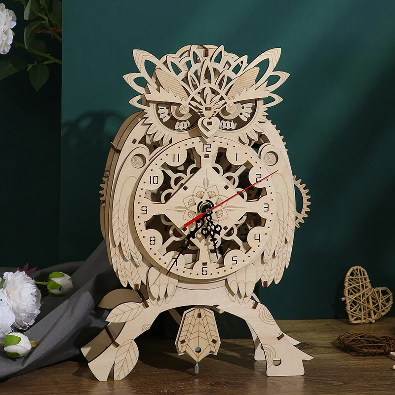 3d Owl Clock Wooden Puzzle Model Building Block Kits Mechanical Bell Assembly Toys Creative Diy Wall Clock For Children Adult