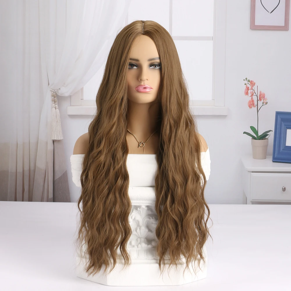 30 بوصة بني فاتح شعر مستعار طويل الاصطناعية للنساء شعر مستعار مموج طبيعي مع الانفجارات شعر مستعار ألياف مقاومة للحرارة لجميع القديسين اليومي #1