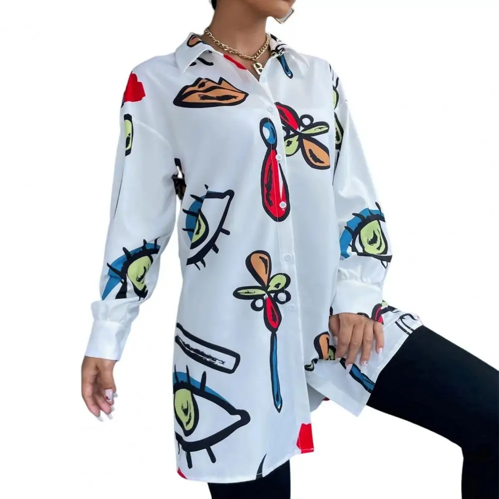 Stylish Women Shirt Lapel Lightweight Comfortable Colorful Eyes Mouths Pattern Long Shirt