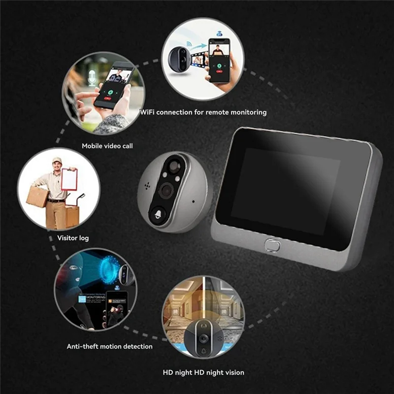 ABJO-Tuya Wi-Fi Smart Cat Eye Мониторинг дверного звонка 3-мегапиксельная камера 140 °   Широкоугольный электронный наблюдатель «кошачий глаз»