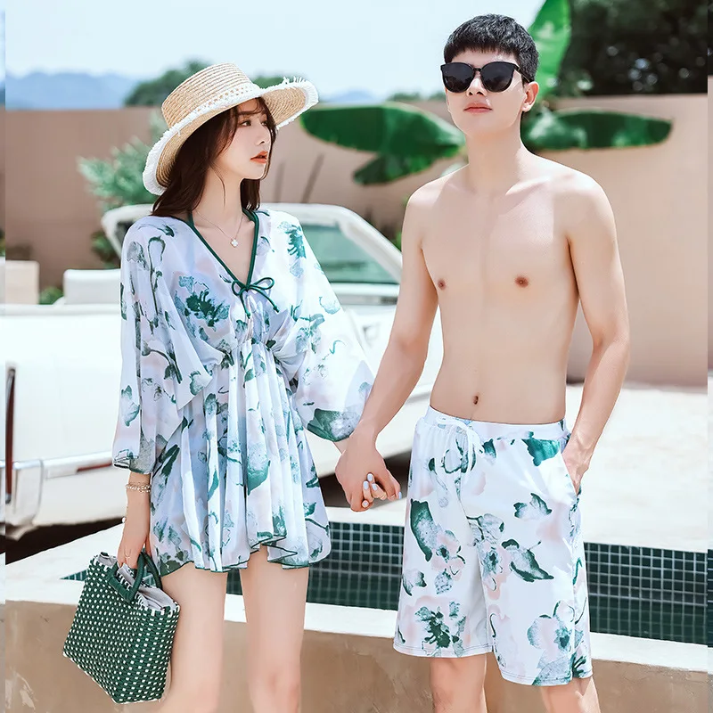 

New Matching Swimsuits for Couples Three-Piece Swimwear with Ruffle Beach Cover Ups Print Swim Trunks Shorts Men Bathing Suits