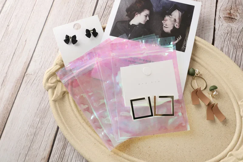 20–50 Stück Versiegelungs-Opp-Beutel, holografisch, rosa Aluminiumfolienbeutel, wiederverschließbarer Druckverschlussbeutel für Schmuck, Einzelhandel, zum Aufhängen von Display-Verpackungen – Detail 5