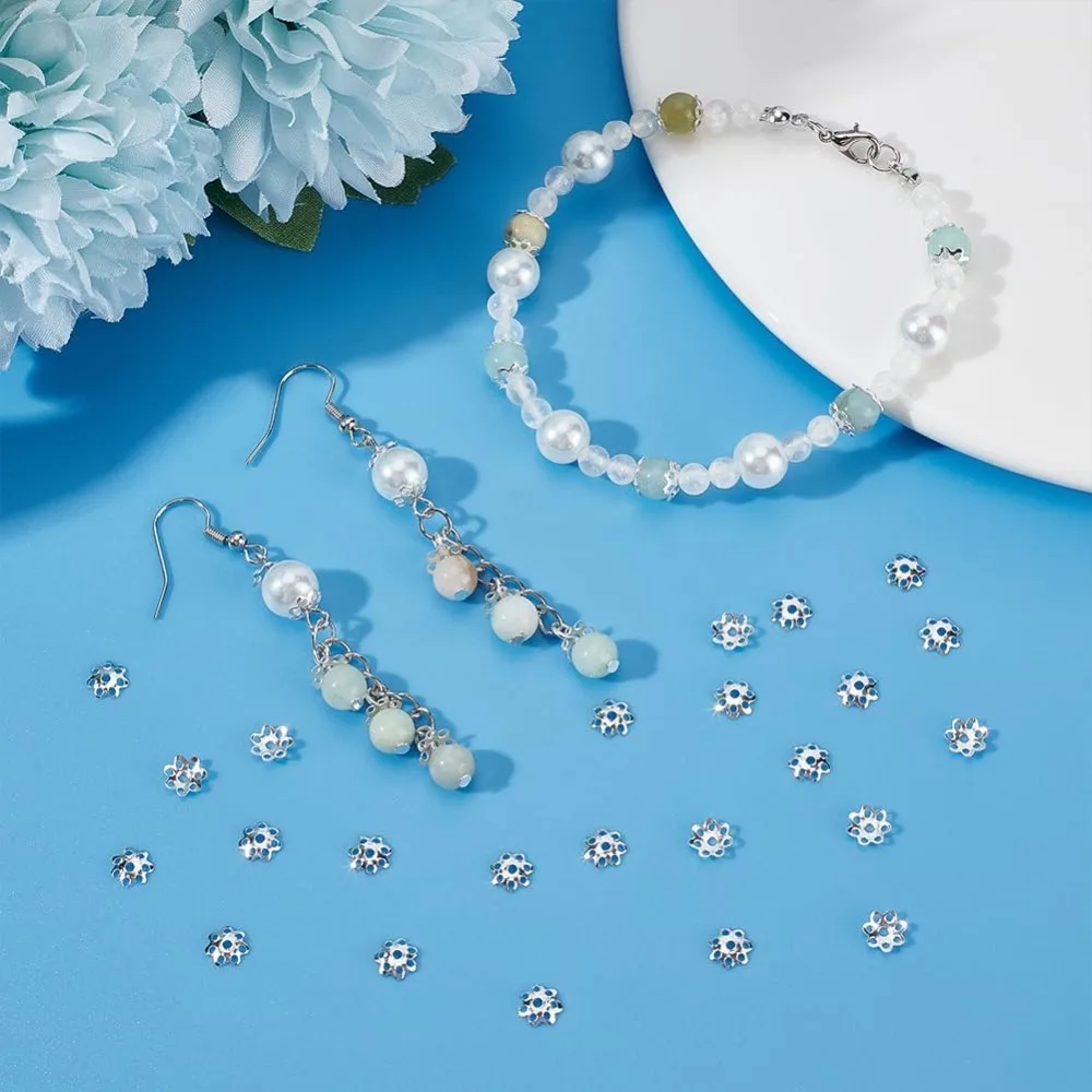 2000Pcs Silver Bead Caps Filigree Loose Spacer Beads 6mm Iron Flower End Caps Metal Multi-Petal Bead Caps Necklace Making kit