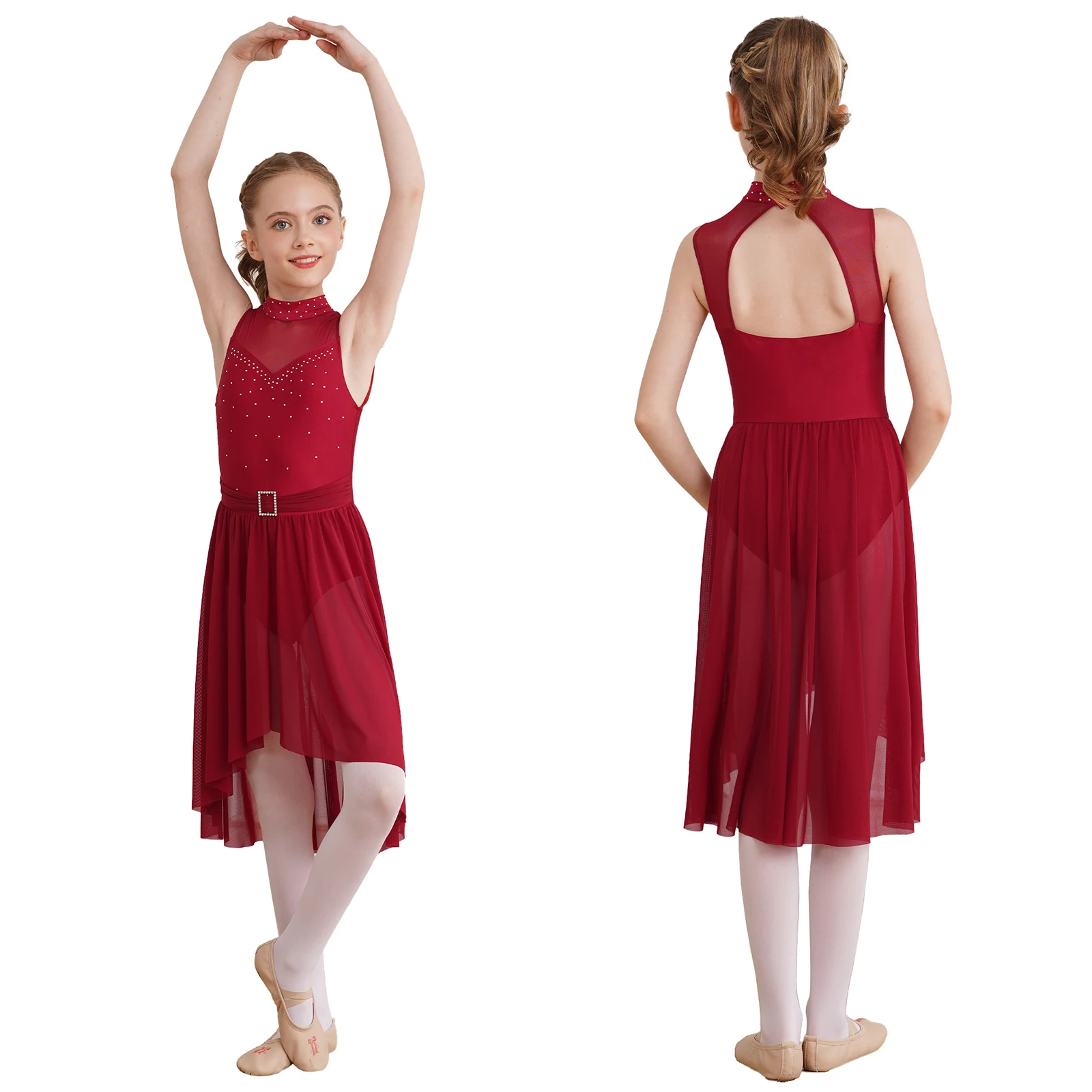 Vestido de baile lírico para niñas, traje de Ballet, gimnasia, patinaje, actuación, sin mangas, diamantes de imitación, dobladillo alto-bajo, leotardo, 6-16 años