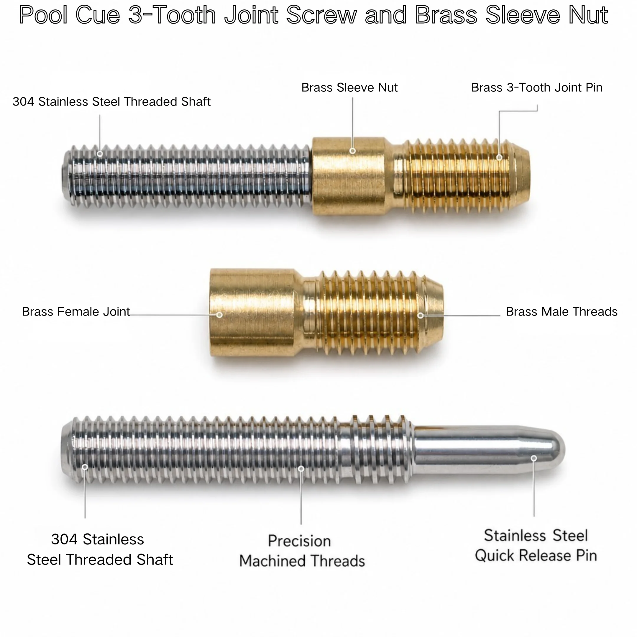 3-Tooth Quick Release Pool Cue Joint Screw Set Brass Nut 304 Stainless Steel Billiard Cue Repair Parts