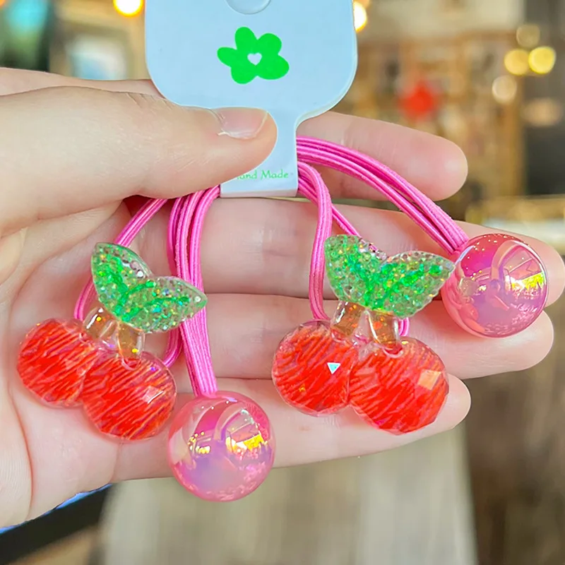 2PCS Colorful Hand-painted Graffiti Fruits Girls Kids Elastic Hair Bands Cute Hair Accessories Children Hair Ties Baby Headwear