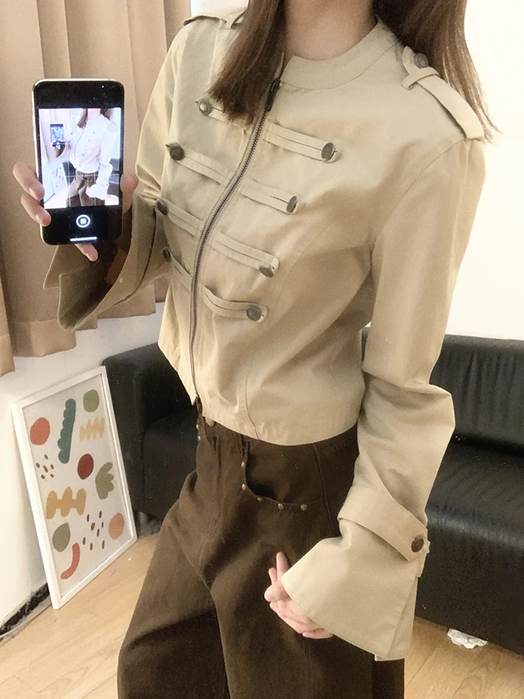 ReddaChic Napoleon Military Jacket for Women Autumn Long Sleeve Stand Collar Cleanfit Khaki Cropped Windbreaker Retro Outwear