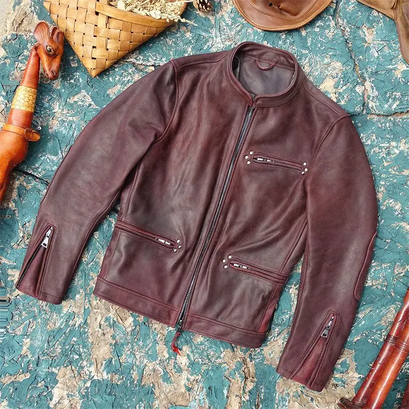 Fall Winter American Retro Biker Leather Jacket Men Triple-Snap Stand Collar Thick Deep Burgundy Cowhide Coat