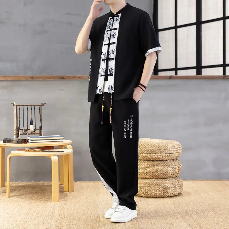 الرجال أزياء الصيف جديد تانغ دعوى عارضة النمط الصيني المطرزة قمصان بانت 2 قطعة ملابس رياضية القطن الكتان مجموعات