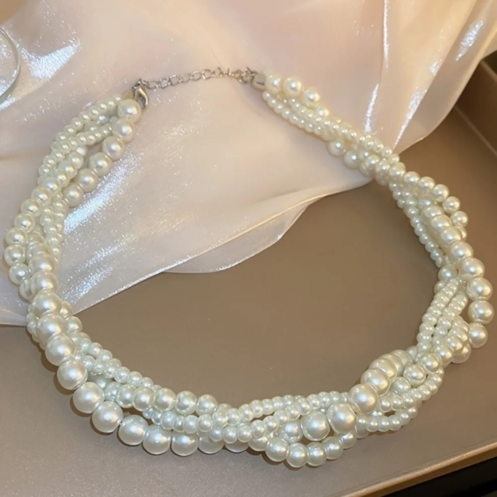Stylish Multi Layer Pearl Chocker Chunky Woven Faux Pearl Twisted Neck Chain Pearl Collar Statement ‌ Bridal