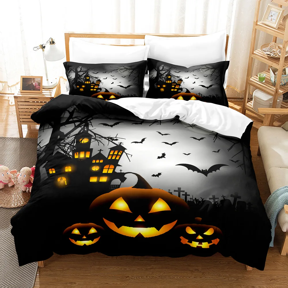 Halloween Bedding Set King/Queen Size Cartoon Pumpkin Lantern Castle and Bat Duvet Cover Dark Horror Night Polyester Quilt Cover