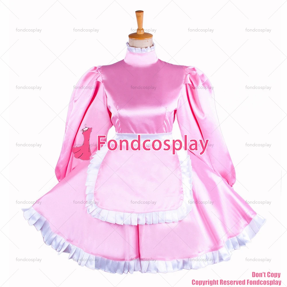 fondcosplay adult sexy cross dressing sissy maid short lockable baby pink Satin dress Uniform white apron CD/TV[G1550]