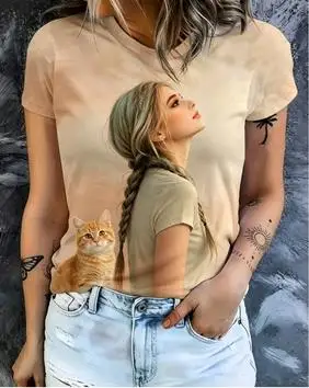 Women Art Portrait Girl With White Rabbit Print T‑Shirt Soft Pink Gradient Crew Neck Short‑Sleeve Casual Summer Tops