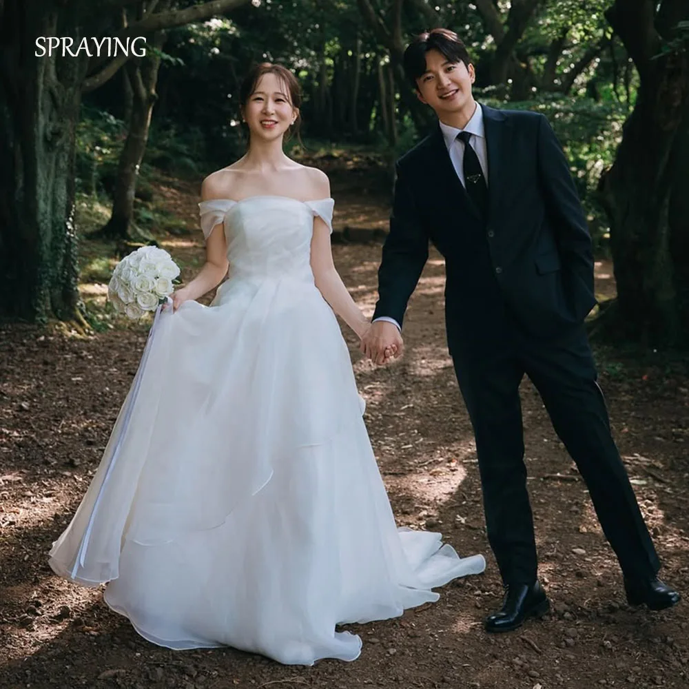 

SPRAYING Elegant Ivory Organza Wedding Dress Korea Photo Shoot Strapless Short Sleeve A line Long Bridal Gowns Corset Customized