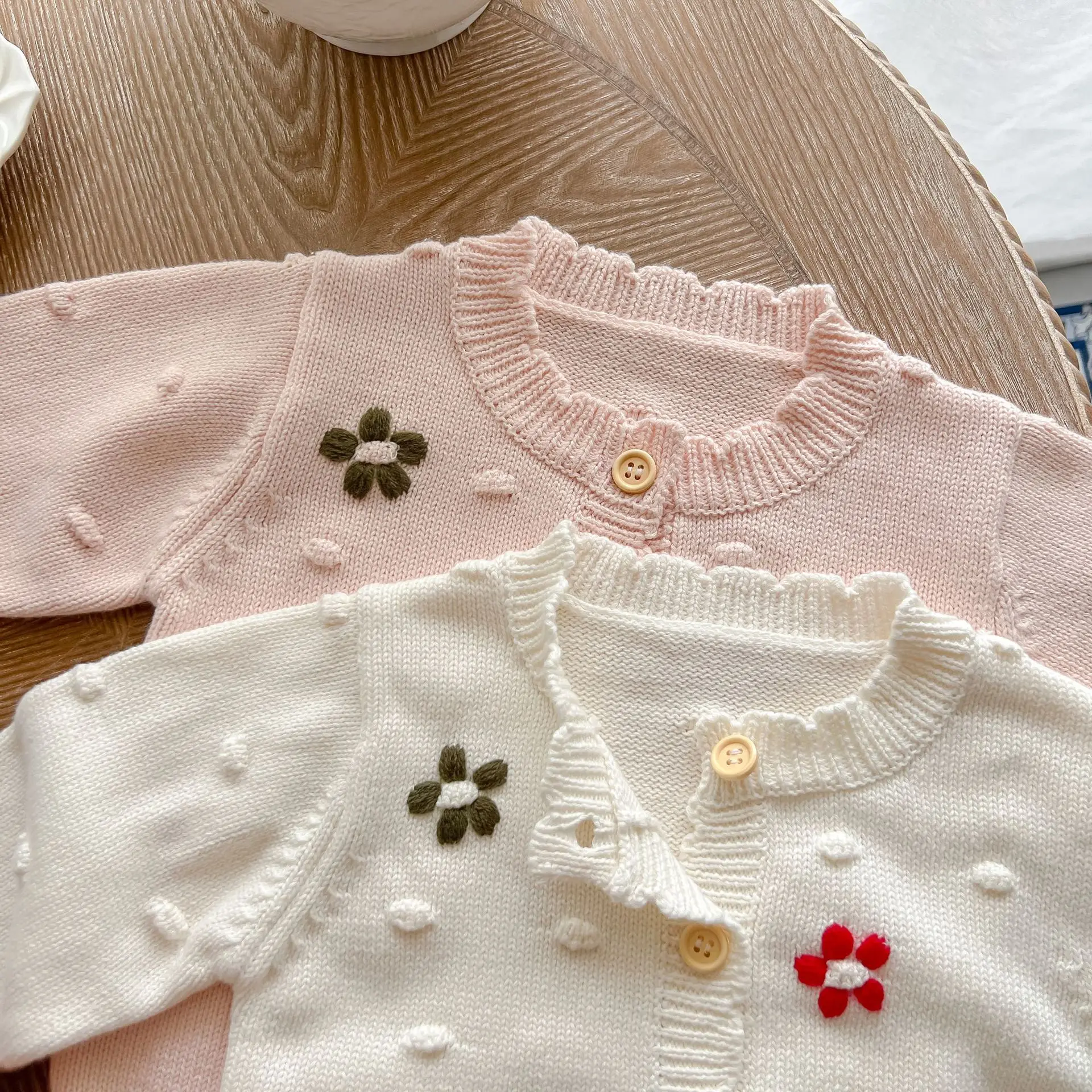 New Autumn Kid Girl Sweater Coat Round Collar Apricot Pink Handmade Flowers Knit Long Sleeves Cardigan Child Princess Clothes