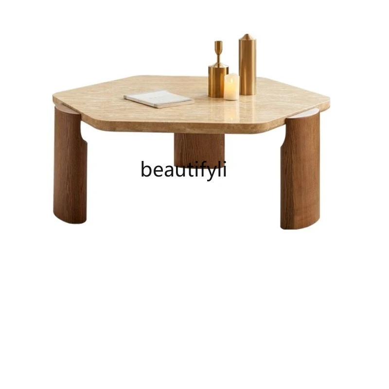 

Wabi-sabi wind living room designer high sense marble retro minimalist natural travertine coffee table