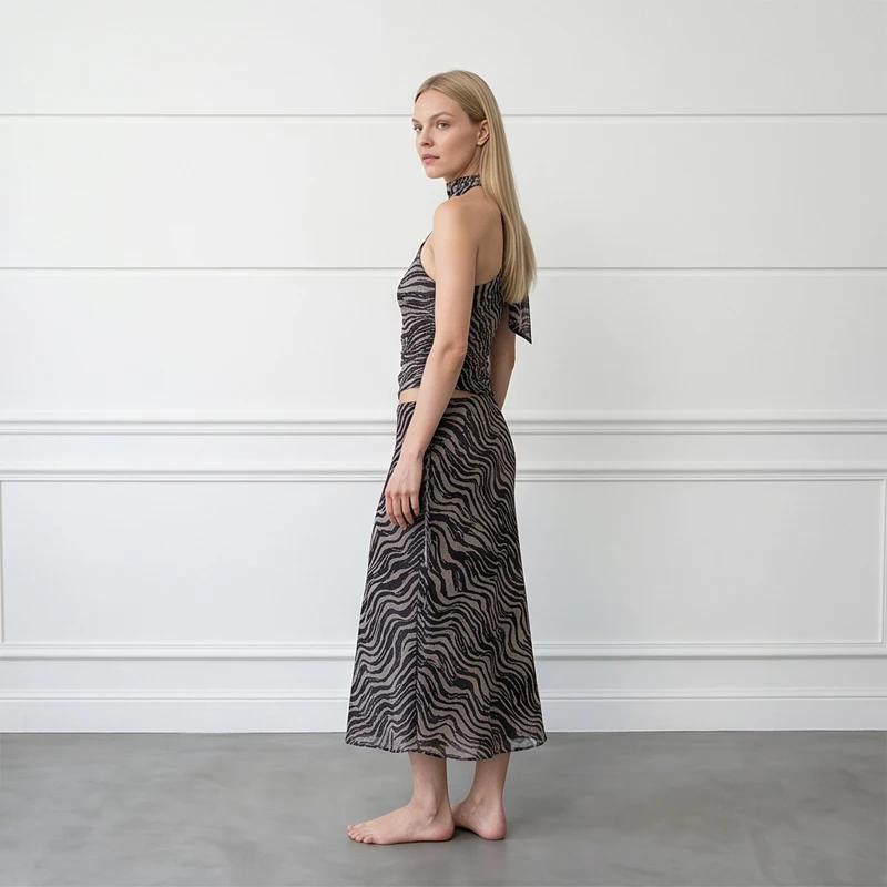 Women's 2 Piece Set Sleeveless Halter Zebra Print Crop Top Long Maxi Skirt Sexy Outfit 2026 Party Fashion Female Clothing Suit
