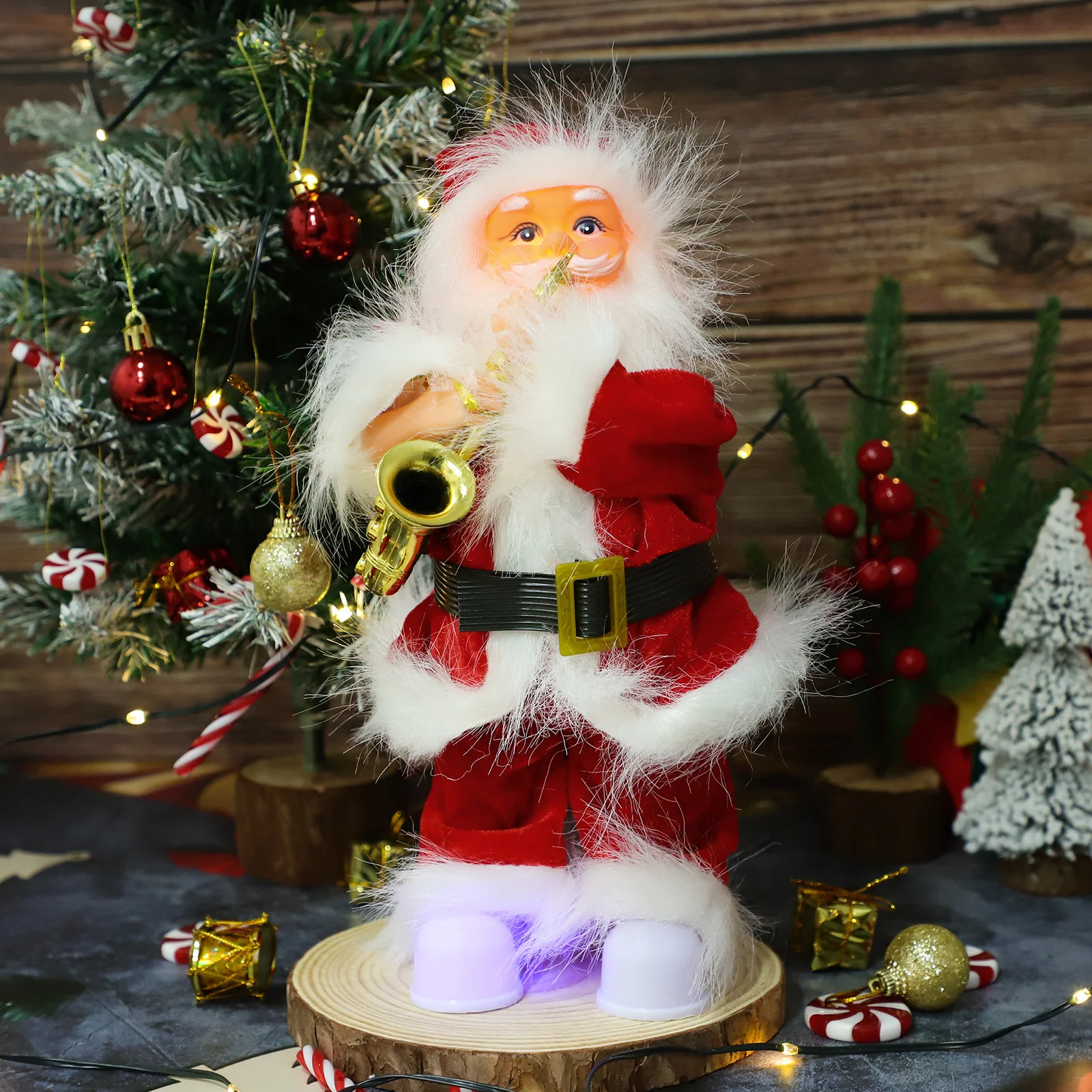Figura de papai noel de natal com função de dança musical elétrica papai noel jogando saxofone atmosfera festiva decoração para bar de escritório