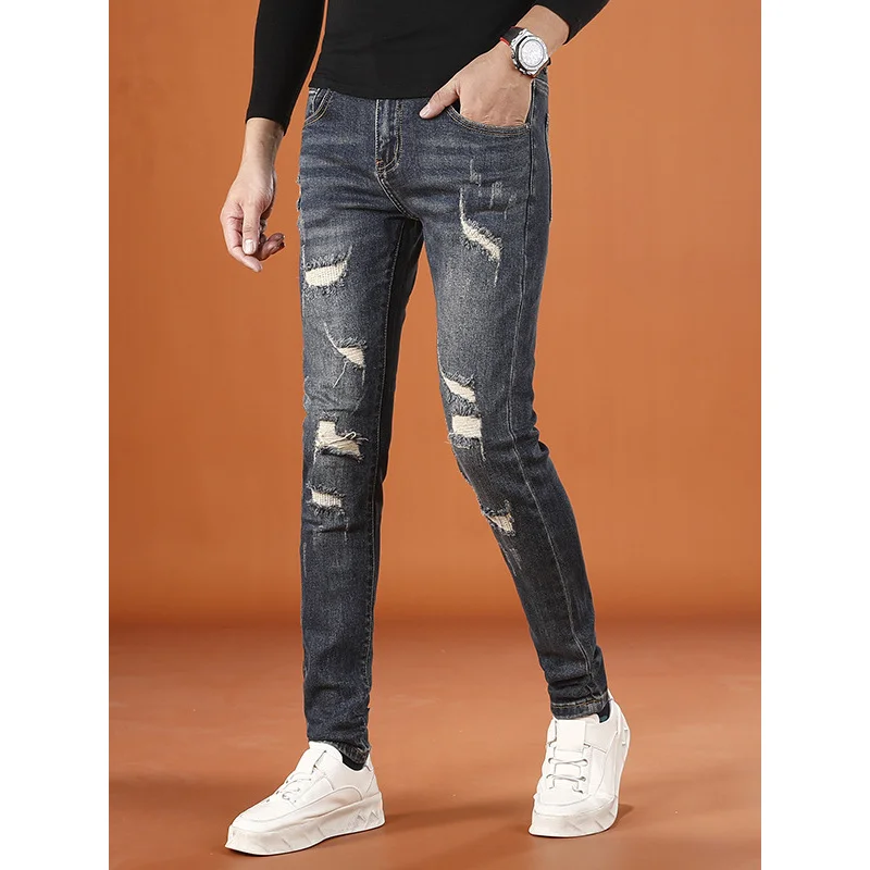 

Осень 2021, новые модные рваные джинсы, мужские эластичные трендовые уличные повседневные брюки в стиле ретро с маленькими штанинами
