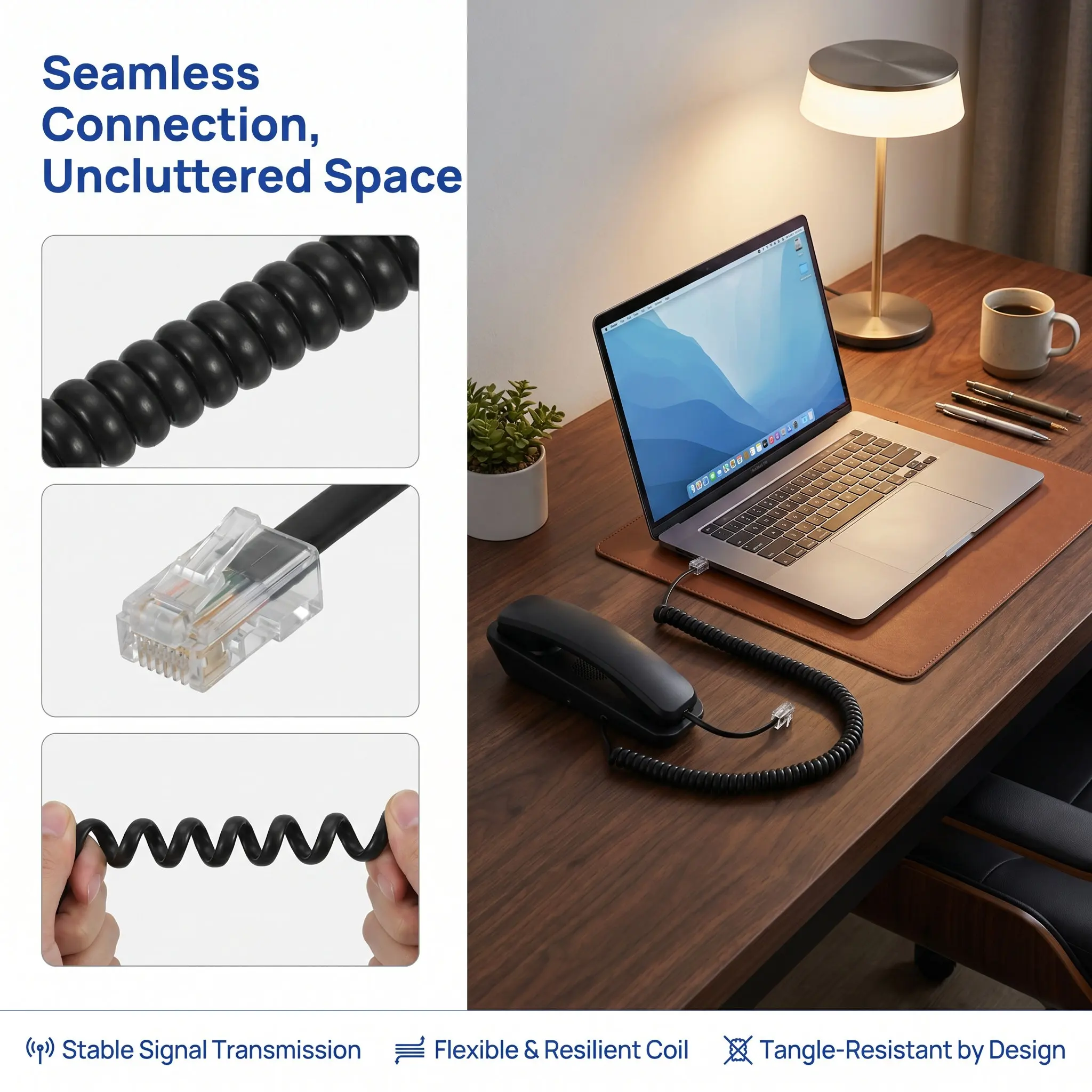 3pcs Coiled Telephone Cord for Landline Phones – Flexible, Stable Signal, Easy to Use, Black