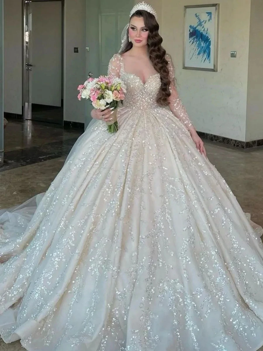 Customized Illusion Sheer Neck Shinny Beads Sequins   Wedding Dress  Vestidos De Novia Long Sleeves Ballgown Puffy  Bridal Dress