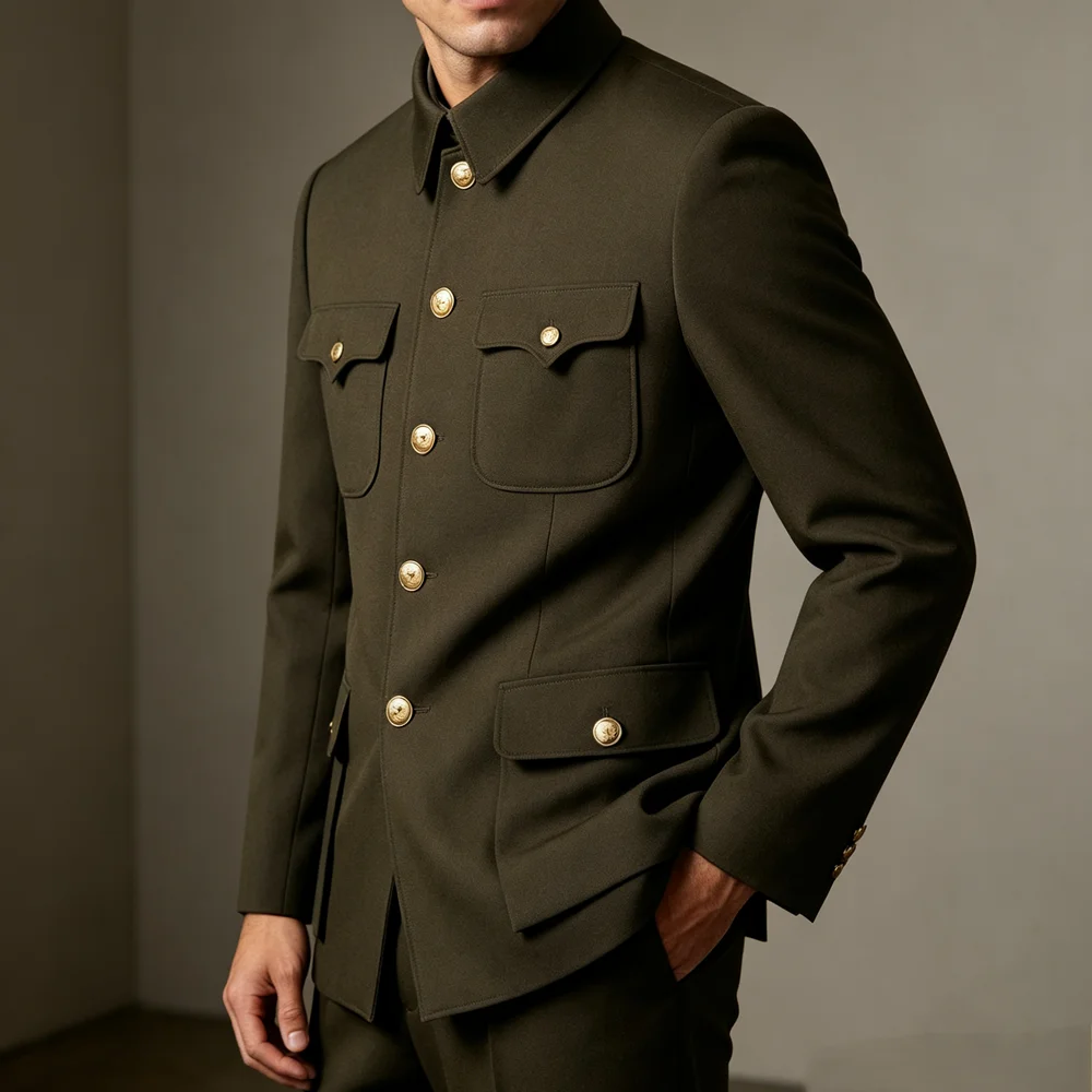 Classic Men's Military Green Zhongshan Jacket – Iconic Four-Pocket Design, Mandarin Collar, Gold Buttons, A Timeless Statement
