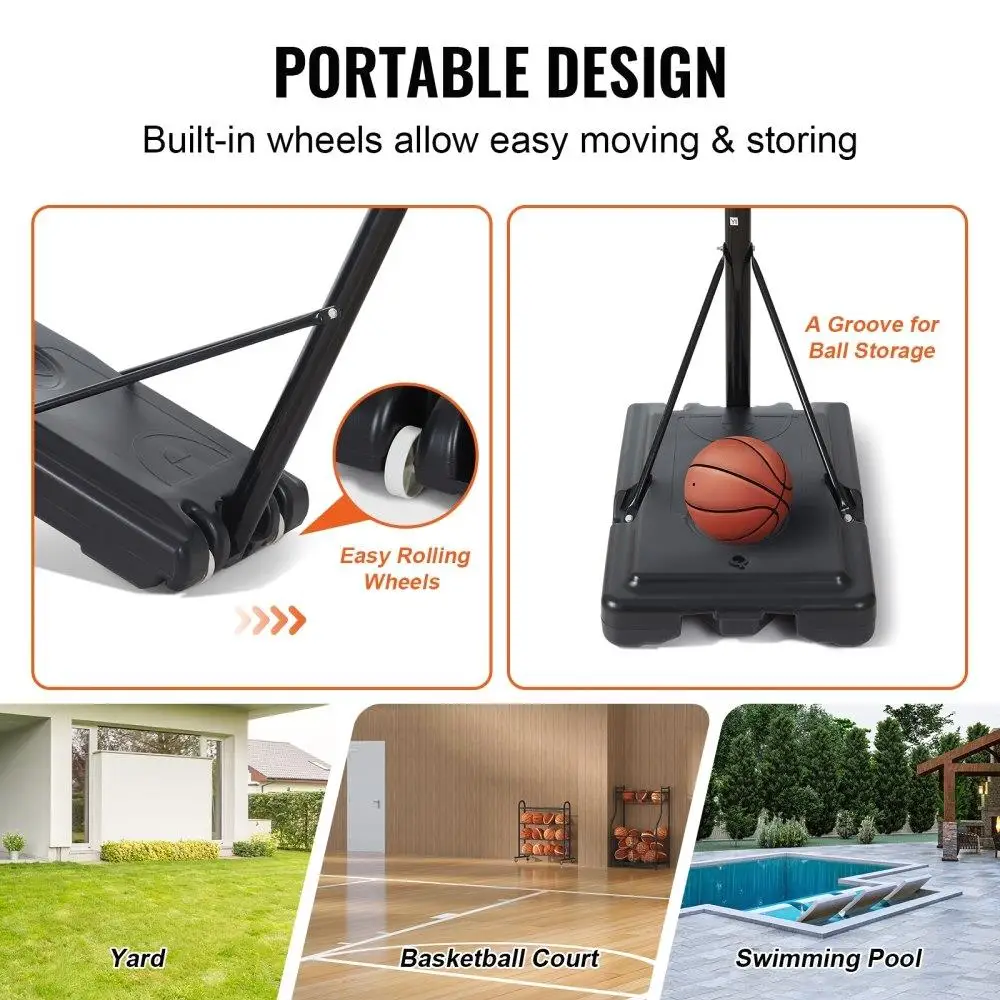 높이 조절 가능한 44인치 휴대용 바퀴 달린 접이식 스탠드, 물 채울 수 있는 베이스, 4-10피트, 어린이 및 성인용 야외 농구대