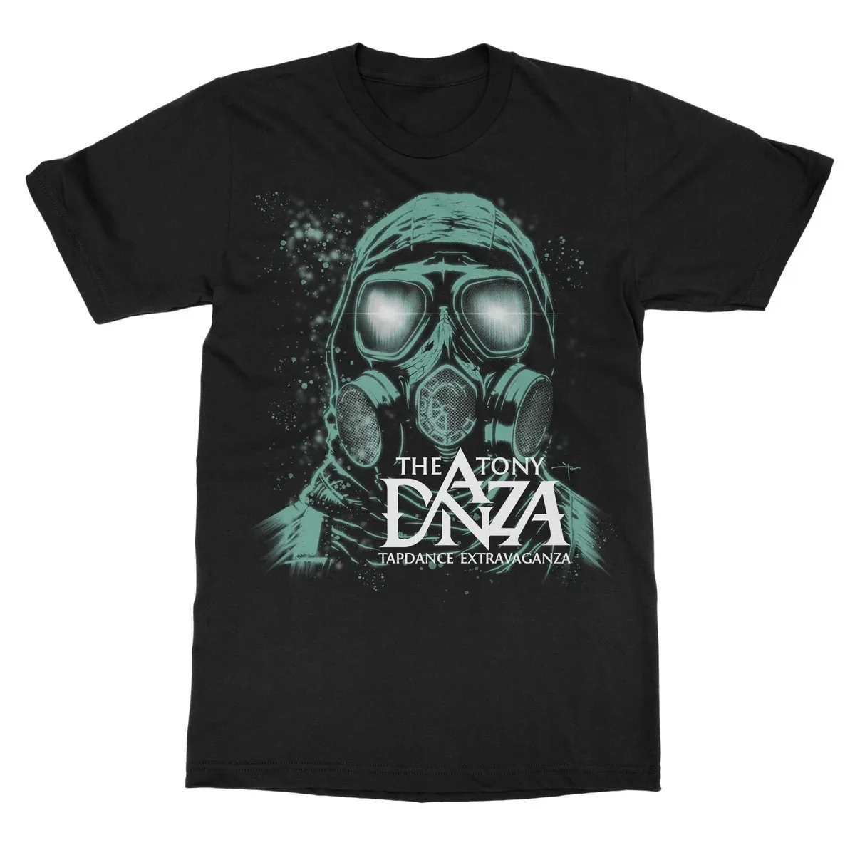 The Tony Danza Tapdance Extravaganza Gas Mask Print T Shirt, Teal Biohazard Figure Splash Particle Graphic