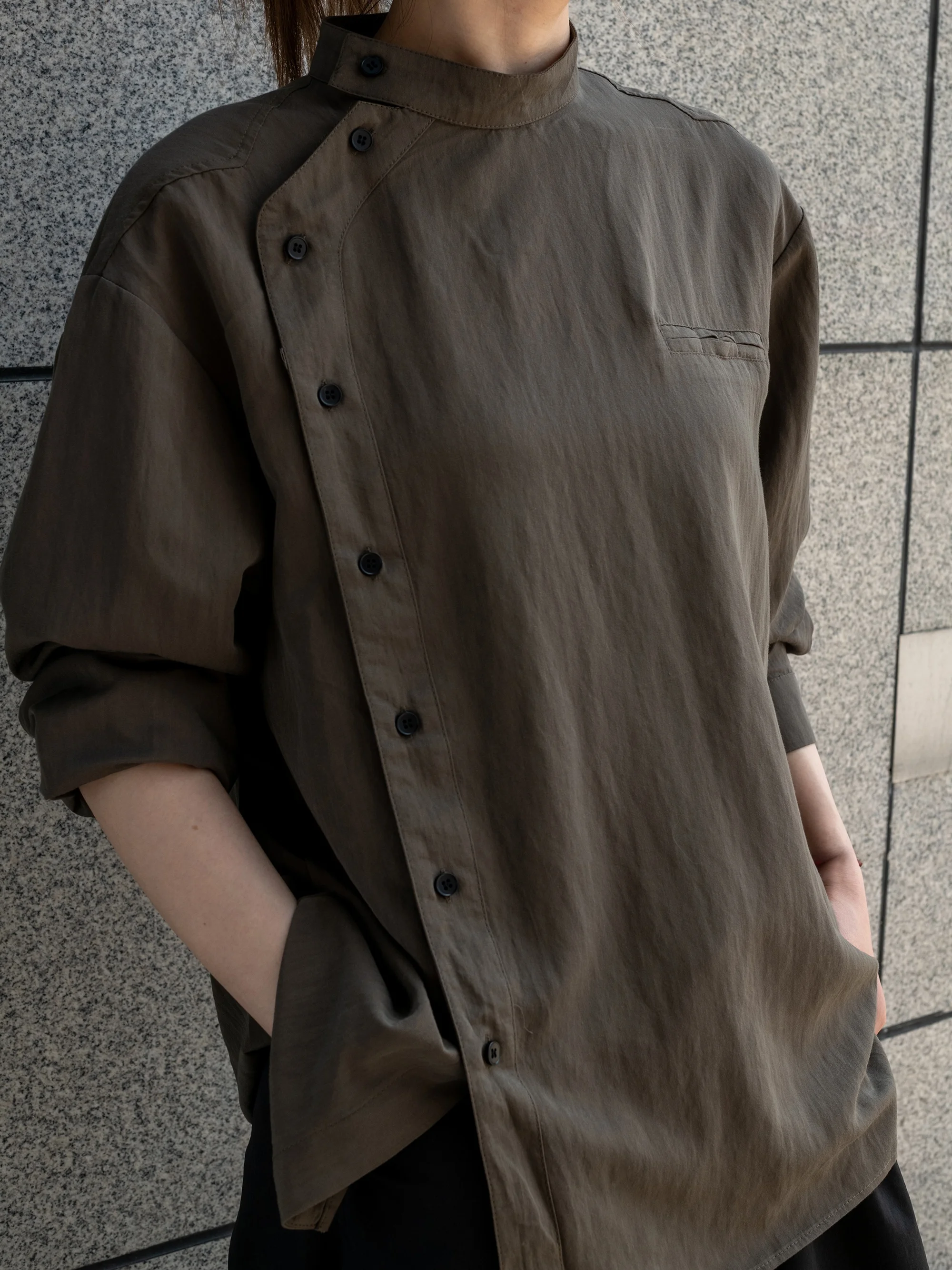 Elegant Minimalist Chinese Zen Style Shirt with Stand Collar And Side Buttons Long Sleeve High Quality Design for Women