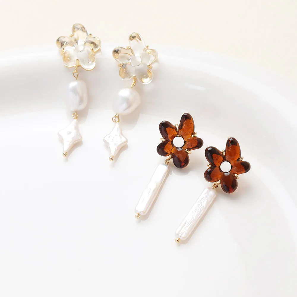 2PCS Glass Flower Ear Studs Earrings for Jewelry Findings Components DIY Hand Made Brass 14k Gold Plated Accessory 17*20mm