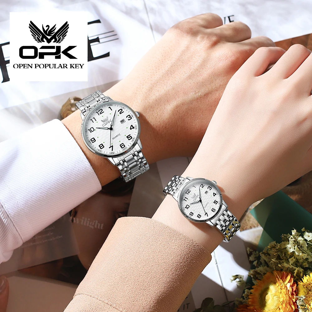 Opk 6006 Quartz Horloge Voor Paar Mannen En Vrouwen Luxueus Merk Lover 'S Horloge Waterdicht Lichtgevend Roestvrij Staal Polshorloge Cadeau