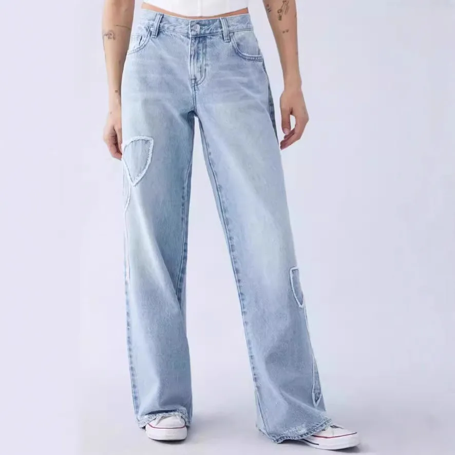 Embroidered side frayed butterfly jeans for women loose straight-leg pants for spring and autumn best-selling item