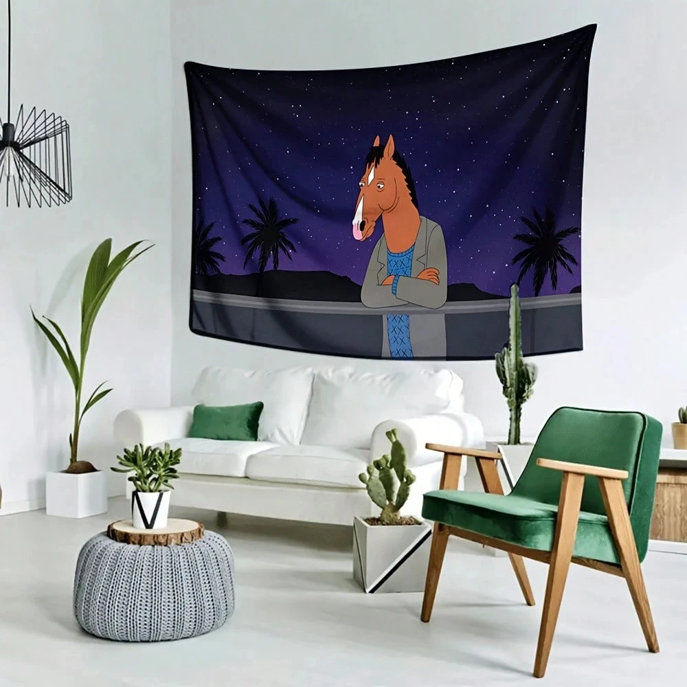 1pc BoJack Horseman Starry Night Polyester Tapestry 2D Flat Wall Decor for Bedroom Living Room - Anime Fan Home Gift
