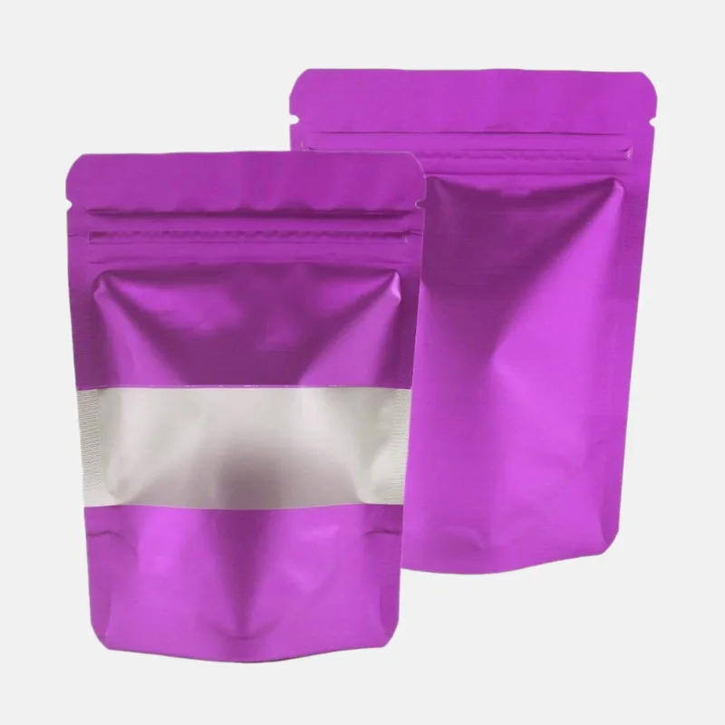 50 Stück matte lila wiederverschließbare Mylar-Standbeutel mit Reißverschluss für kleine Unternehmen/Kaffee/Tee/Snacks/Nüsse/Kräuter- und Gewürzeverpackungen