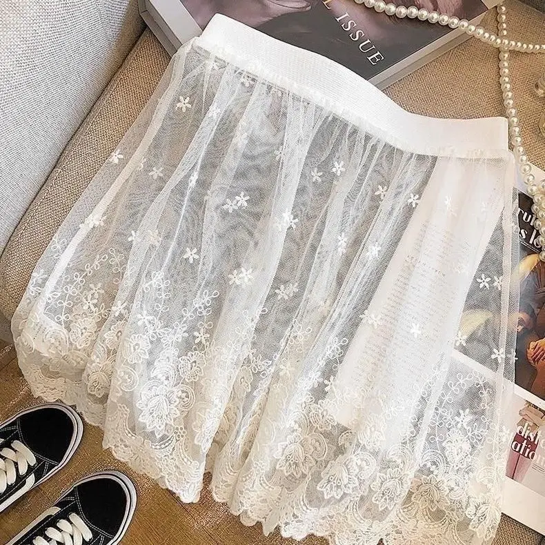 Y2k jupe en dentelle femmes Style coréen taille élastique maille transparente a-ligne Mini jupes été doux superposé Falda Mujer