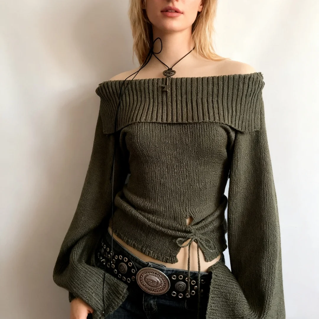 

Spicy Girls Sexy One-Shoulder Knitted Sweater Y2k Harajuku Long Sleeve Streetwear Rock Goth Chic Crop Top Hip Hop Fashion Punk
