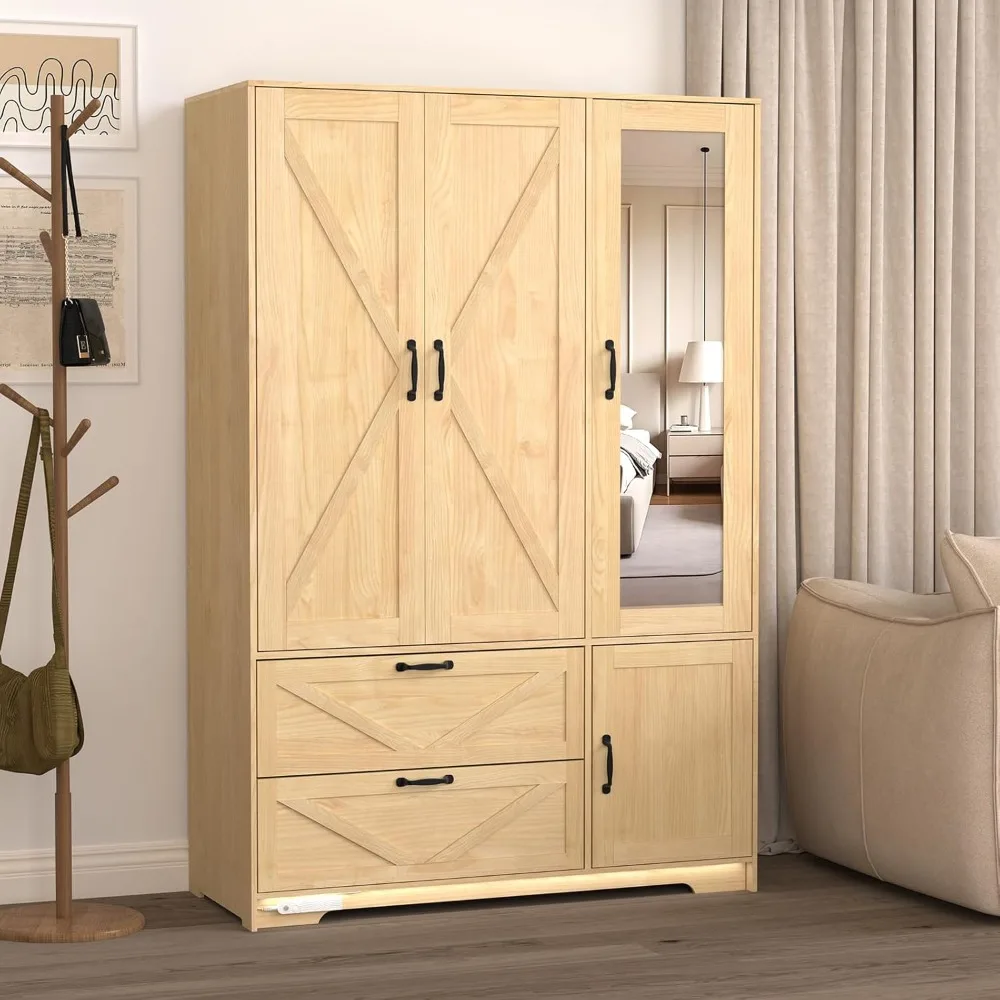 

72'' Armoire Wardrobe Closet with Mirror Door & Light, Farmhouse Bedroom Clothes Cabinet with 4 Doorrs + Hanging Rod + 2 Drawers