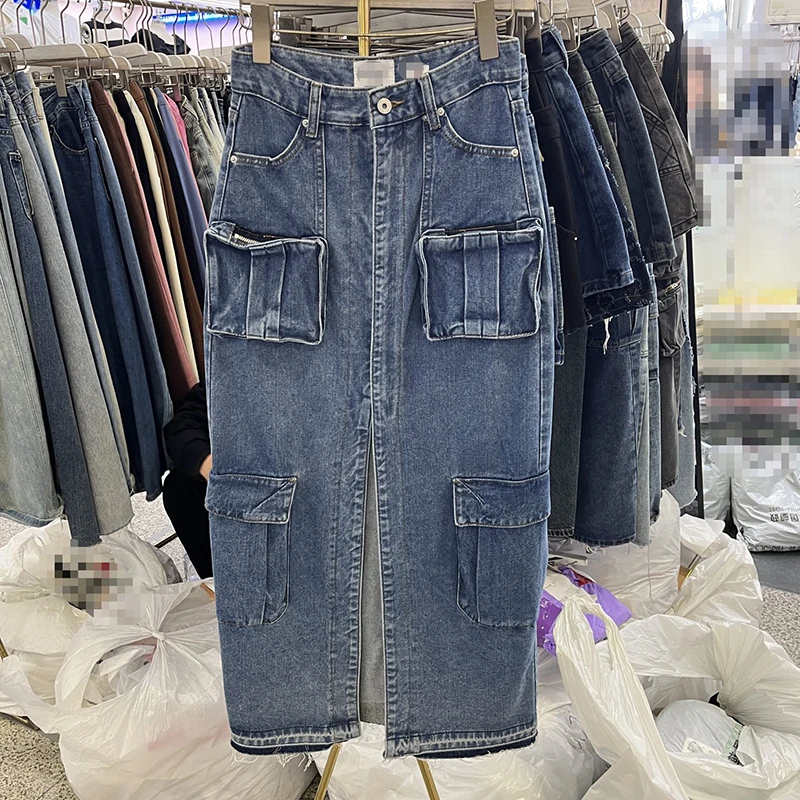 Cargo Maxi Denim Skirts Women Multi Pockets Vintage High Waist Slit Hip Skirts 2024 Summer New Y2K Clothing High Street Vestidos