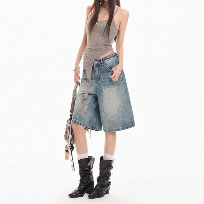 

American Retro Ink-splashed Blue Denim Medium Pants for Women, Summer New Casual Commuting Versatile Five-quarter Pants