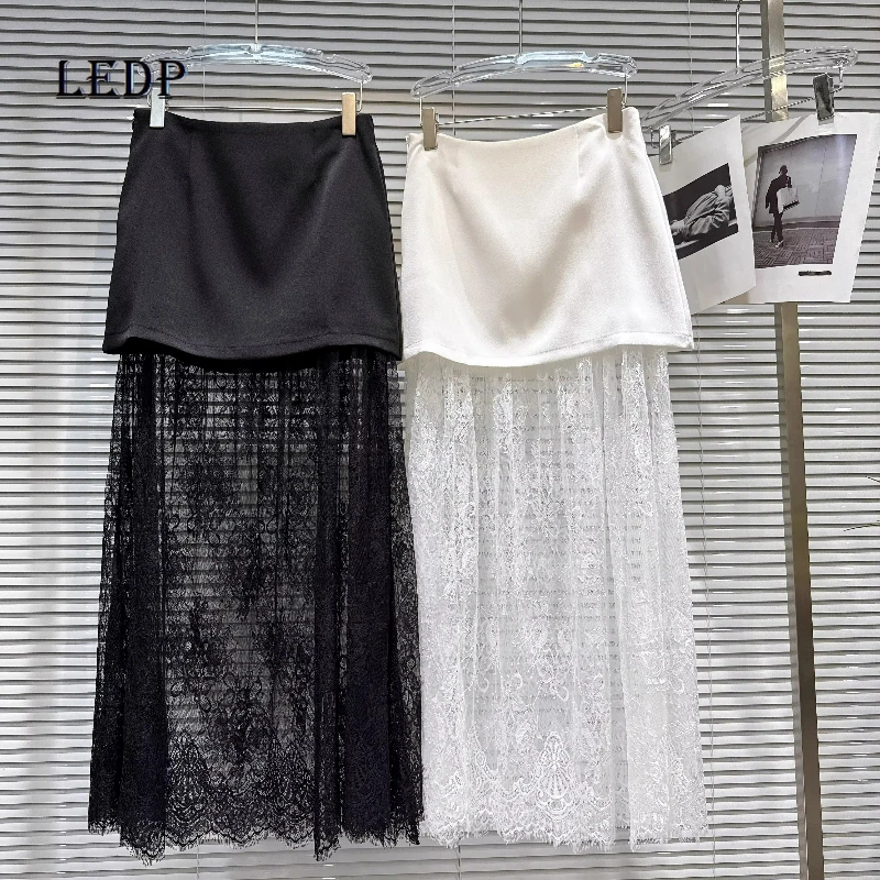 

French Women's Clothing 2026 Spring New Sexy Lace Hollow Out Link Splicing High Waist Skirt Design Medium Long Skirts Ladies