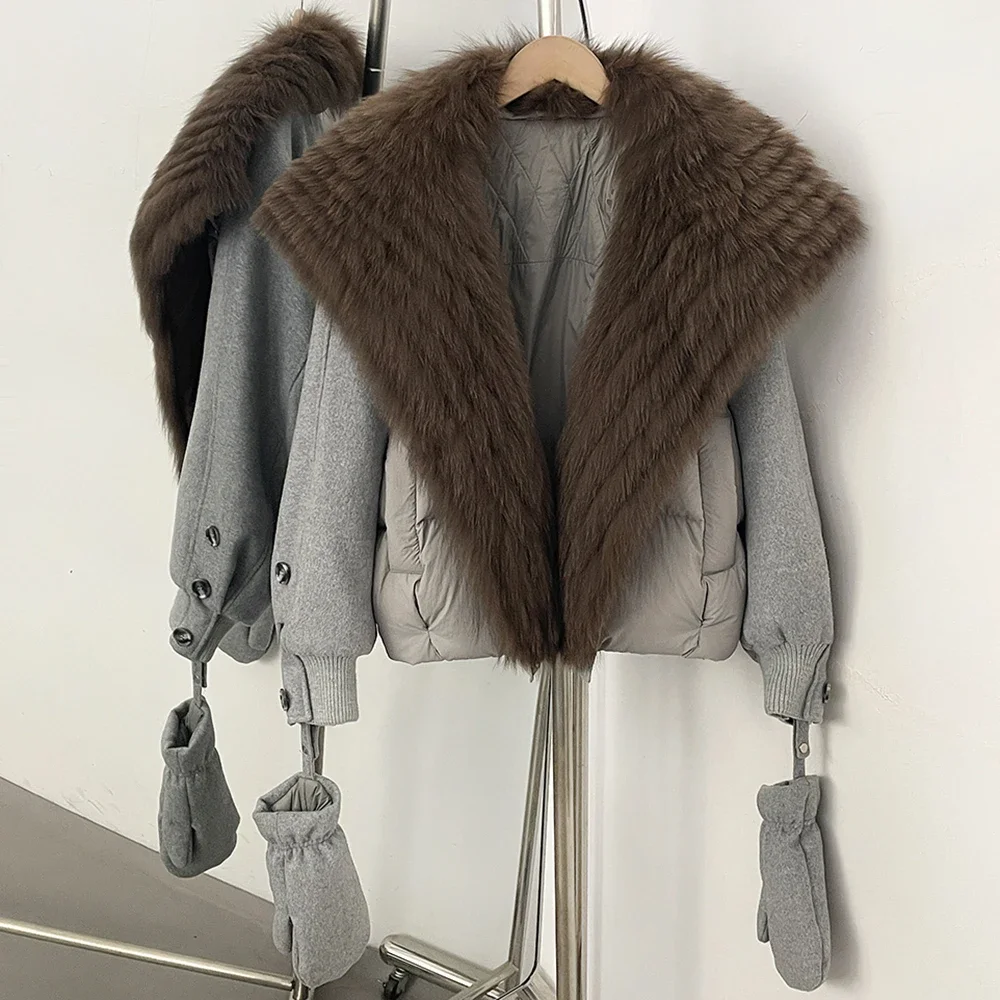 OFTBUY Großer Echter Fuchspelz Kurzer Daunenmantel Neue Winter-Oberbekleidung mit Abnehmbaren Handschuhen Damen Entendaunen Kurze Jacke – Detail 5