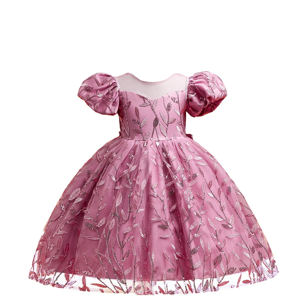 

Girls Birthday Party Dress Toddler Ruffled Bowknot Dress Kids Embroidered Sequin Leaves Tulle Tutu Semi-formal Pageant Dresses