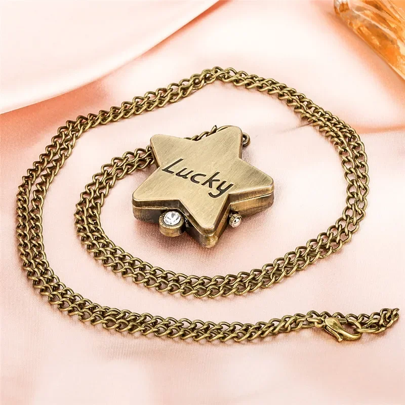 Creative Lucky Pentagram Shape Arabic Numeral Quartz Pocket Watch for Men Women with Necklace Chain Collectable Timepiece