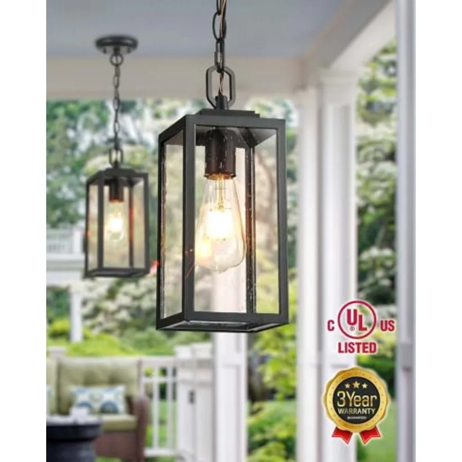 Outdoor Hanging Lights Exterior Pendant Light Fixtures for Front Porch Modern Black Exterior Patio Lighting with Tempered Seede
