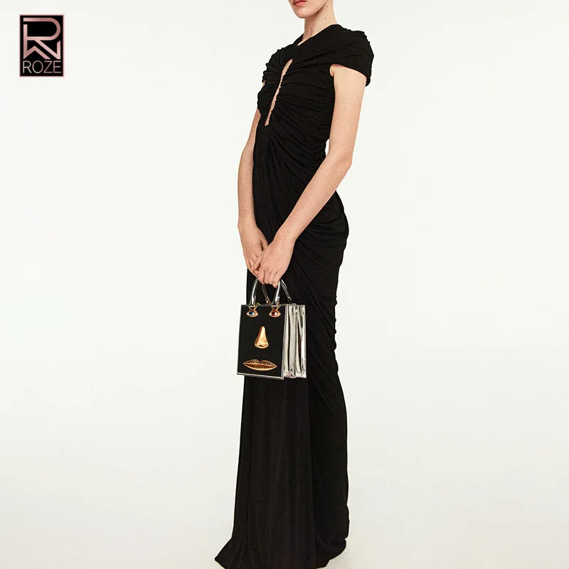 Vestido elegante de color liso con paneles transparentes y detalle de volantes - Vestido largo de manga corta con cuello redondo