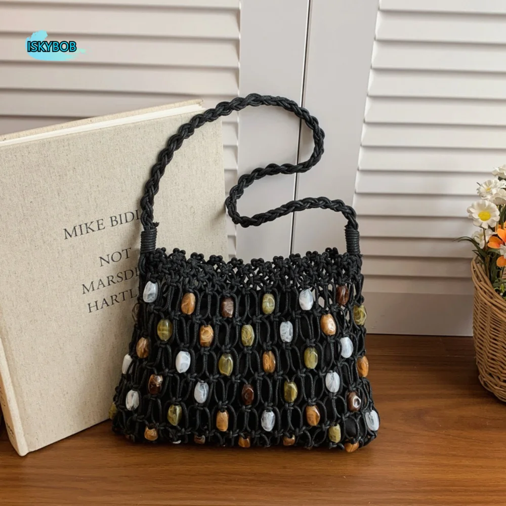 

Net Bag Korean Style Beaded Woven Bag Handmade Ethnic Style Beads Weave Tote Bag Handbag Braided Crochet Tote Bag Beach