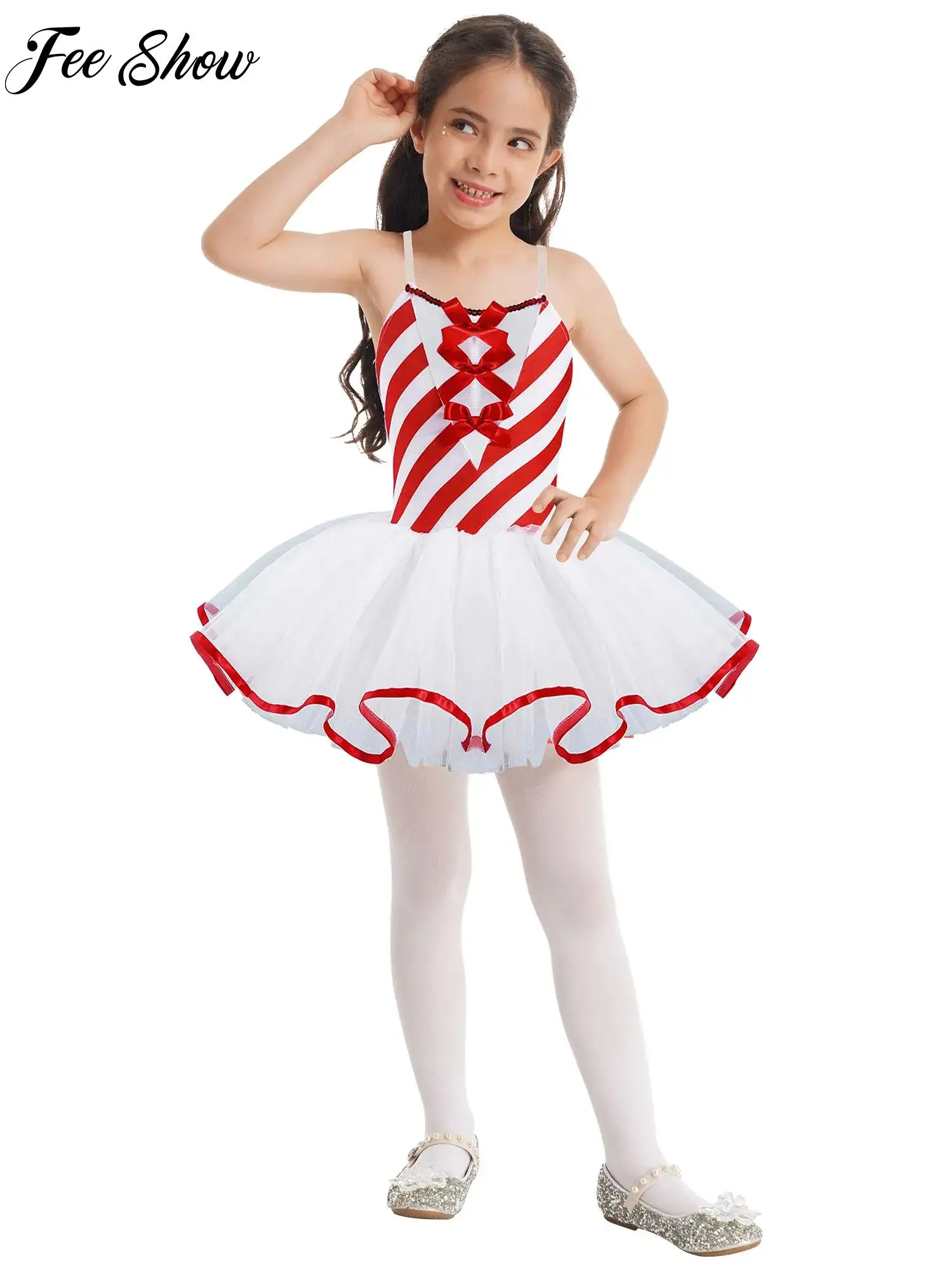 

Kids Girls Christmas Cosplay Dress Ballet Tutu Dress Figure Skating Dance Clothes Sleeveless with Bowknot Performance Costume